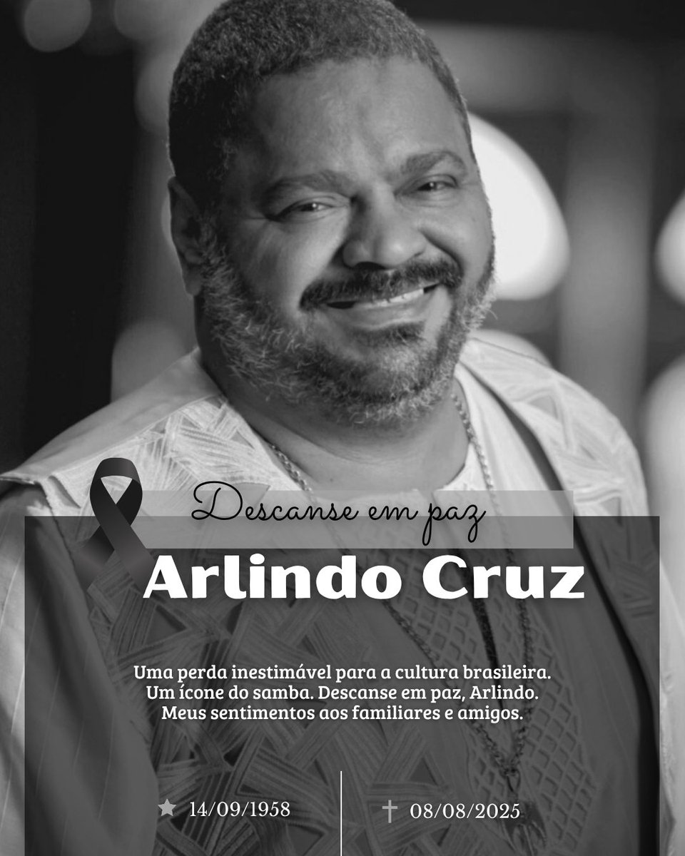 Hoje o samba está de luto 
A música e a cultura brasileira está de luto.

Morre, aos 66 anos, o grande Arlindo Cruz. Meus pêsames aos familiares, amigos e fãs.