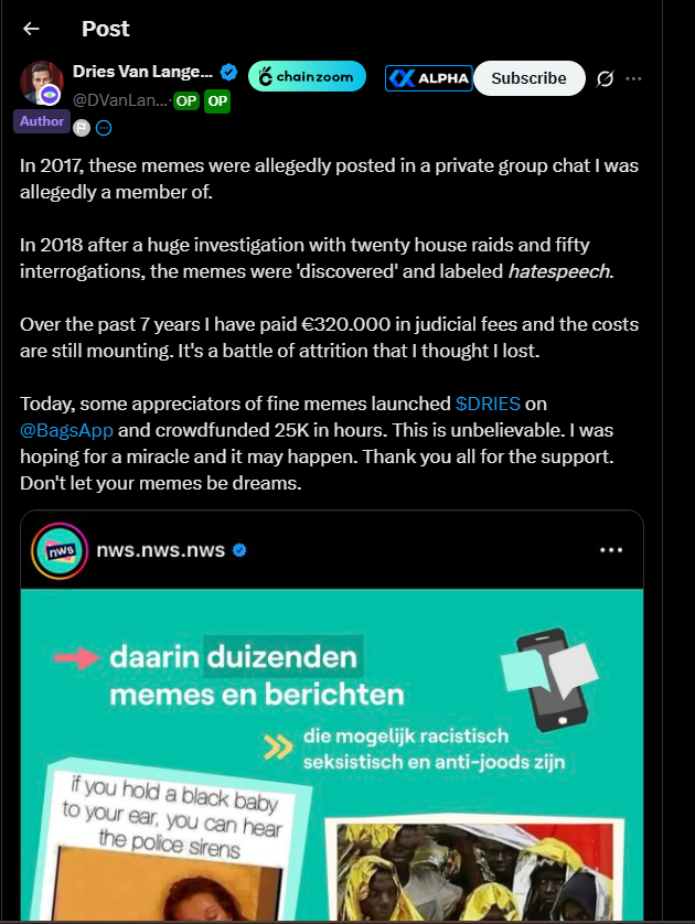 imsnapperrk's tweet photo. @finnbags have a look at $dries andd support him!!

he was jailed for a meme! https://t.co/NRatNagqKr