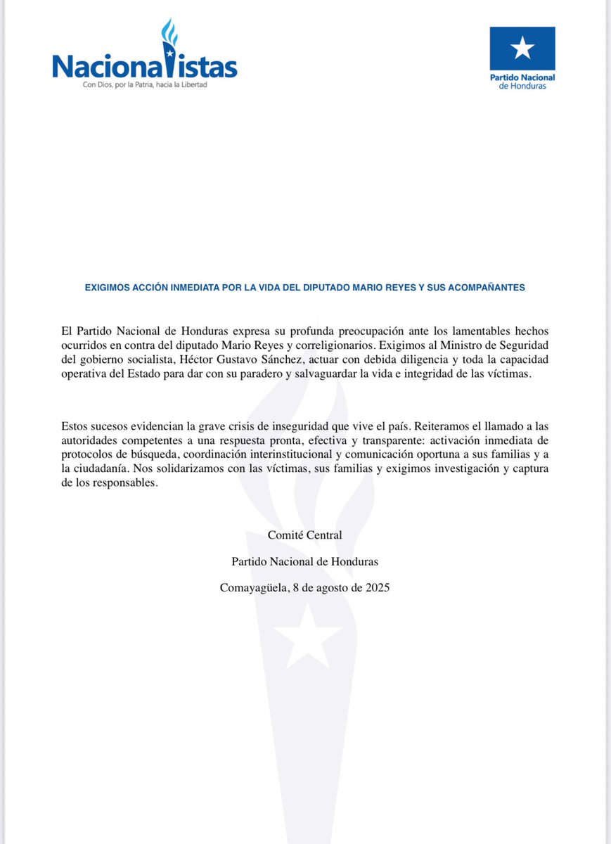 Exigimos al Ministro de Seguridad, <a href="/hegusave/">Gustavo Sanchez Velasquez</a>, activar de inmediato todos los protocolos y capacidades del Estado para dar con el paradero del diputado Mario Reyes y sus acompañantes, resguardar su vida e informar con transparencia.