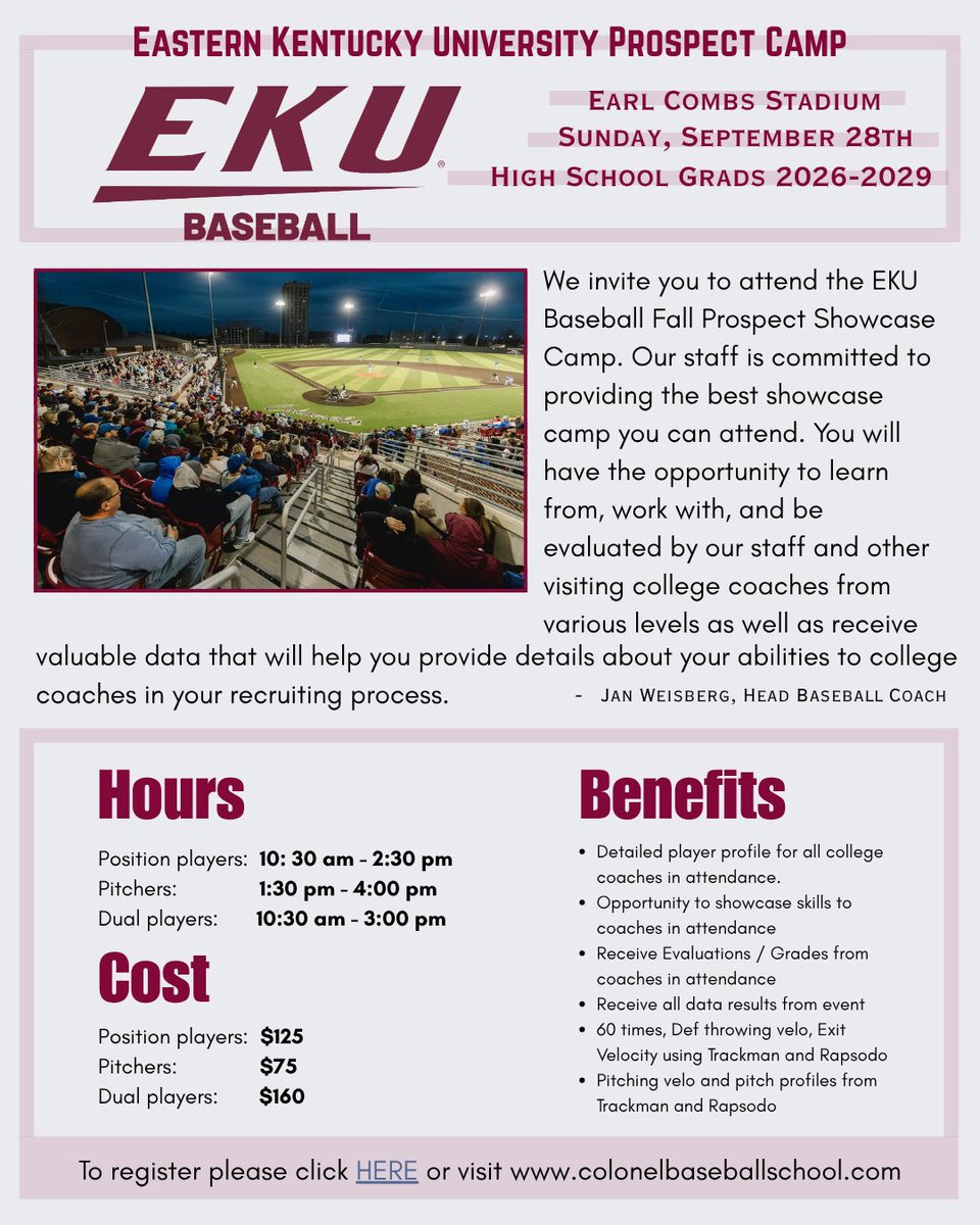 REGISTER TODAY‼️
The first Jan Weisberg Colonel Baseball School camp is scheduled for Sept. 28.

Great opportunity to be evaluated and get feedback from college coaches

Camp website ... bit.ly/3H65yYx
Register ... bit.ly/4osGuvn

Details 👇
