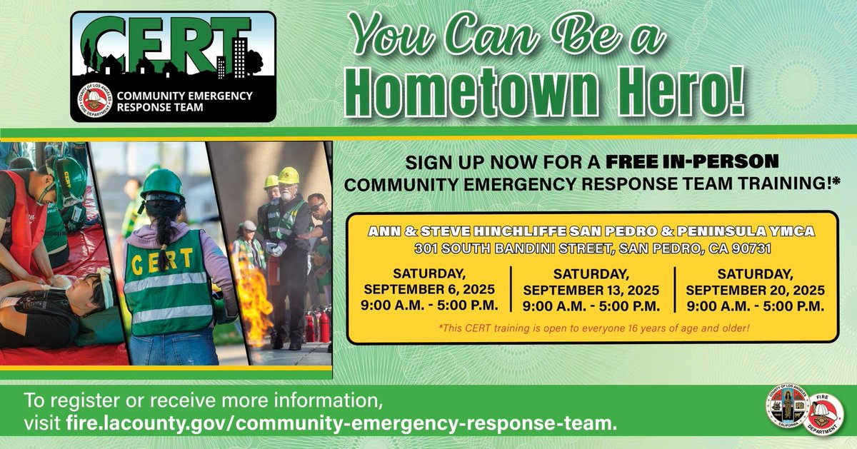 LACOFD's tweet photo. Sign up today for a FREE upcoming #LACoFD #CERT training to learn how to respond effectively in emergencies &amp; make a difference in your community!

Upcoming trainings:

✔️Calabasas
✔️San Pedro
✔️Signal Hill
✔️West Hollywood

Register today at:

🔗https://t.co/JcChZwnQtt https://t.co/KCjPF1GSPz