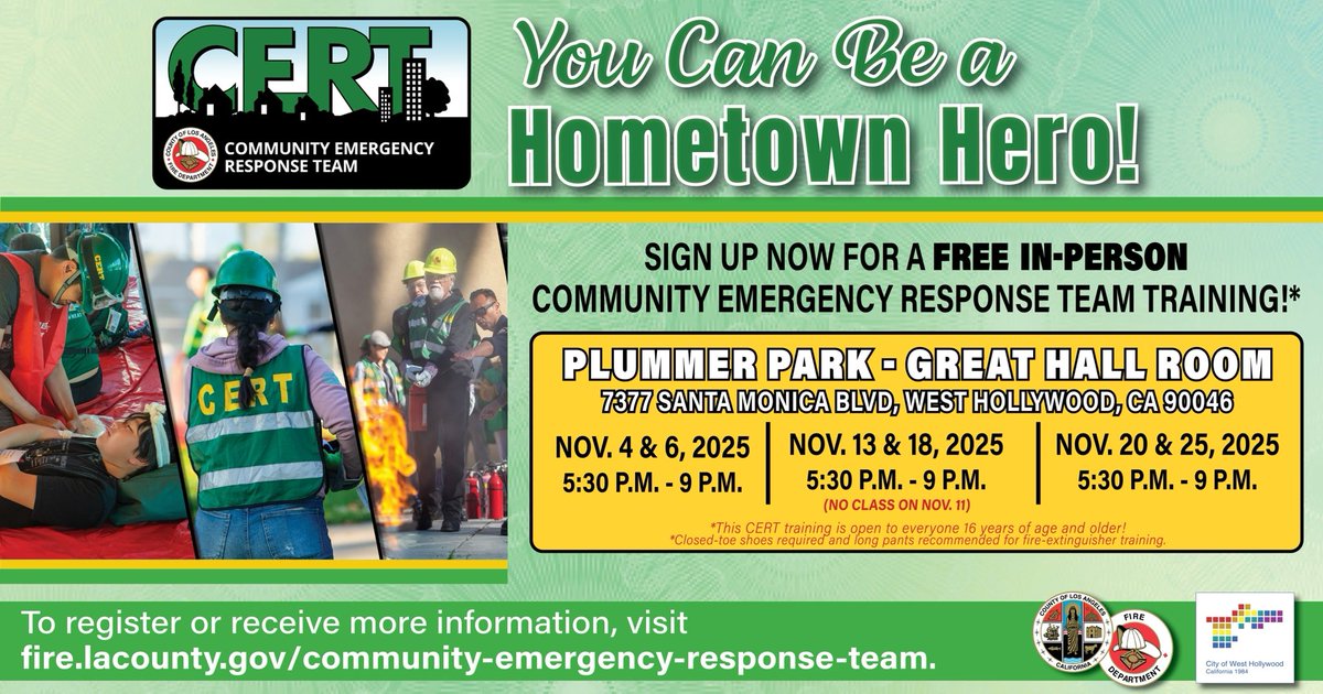 Sign up today for a FREE upcoming #LACoFD #CERT training to learn how to respond effectively in emergencies &amp; make a difference in your community!

Upcoming trainings:

✔️Calabasas
✔️San Pedro
✔️Signal Hill
✔️West Hollywood

Register today at:

🔗fire.lacounty.gov/community-emer…