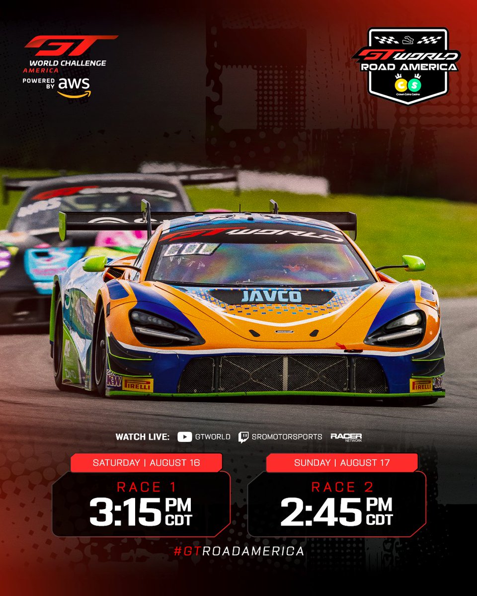 gtworldcham's tweet image. 🟢🟢🟢
Race 2️⃣

🔴 youtube.com/gtworld
🟣 twitch.tv/sromotorsports
🔵 sro.vbrick.com
⏱️ gt-world-challenge-america.com/watch-live

#GTRoadAmerica #GTWorldAmerica #GTWorld