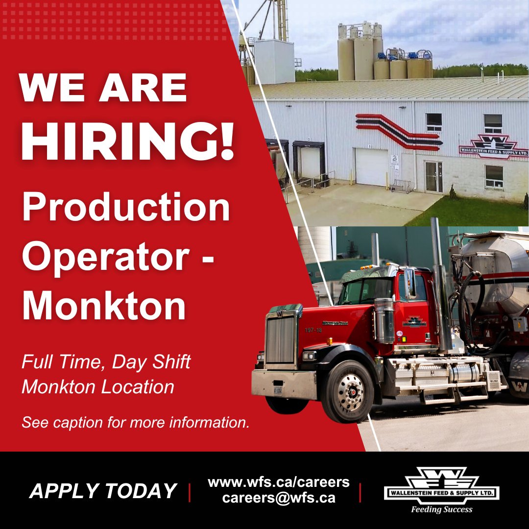 📣We are hiring at our Monkton, Ontario location!
Production Operator - Full-Time, Day Shift
See full details at wfs.ca/careers 
To apply please submit your resume to careers@wfs.ca by August 15, 2025.