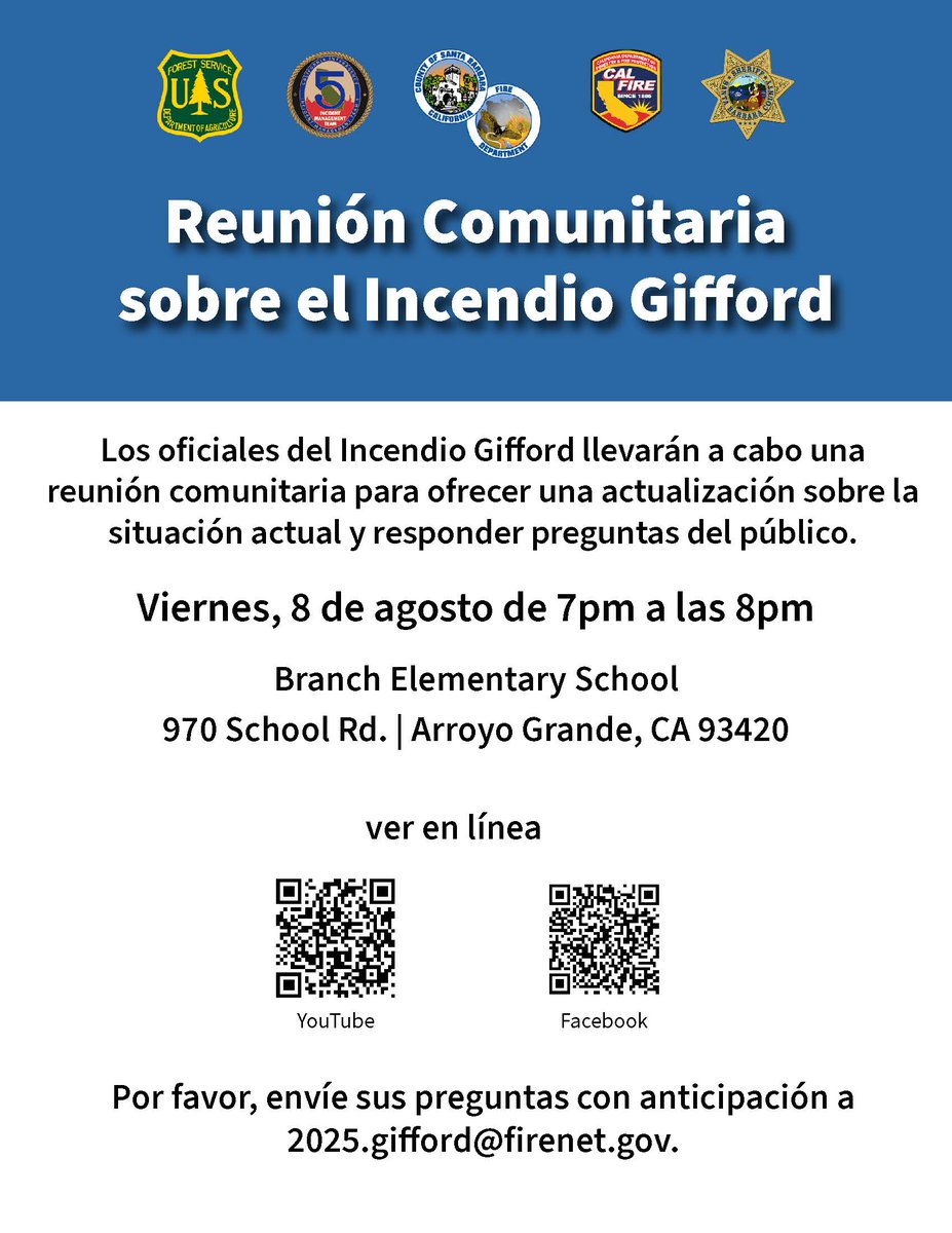 #GiffordFire Officials will host a community meeting in Arroyo Grande today,  Aug. 8 at 7 p.m. Meeting location: 970 School Rd., Arroyo Grande, CA 93420. 

It will also be broadcast virtually on the Los Padres NF Facebook and YouTube at youtube.com/@.LosPadresNF-….