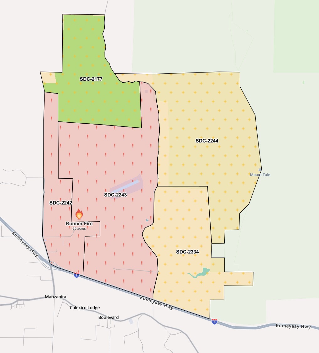 SDSheriff's tweet photo. #RoadrunnerFire A brush fire is burning near Roadrunner Lane and Moonlit Trail in Boulevard.
An EVACUATION ORDER is in place for the shaded areas in red shown in the maps below. It means everyone in the impacted areas must leave immediately.
An EVACUATION WARNING is in place for the shaded areas in yellow shown in the maps below. Be prepared to evacuate should conditions change.
If you feel you are in danger, GO!
To see maps of the affected areas, visit: https://t.co/6Bf5sDZw7h and https://t.co/aKjPO9S8bO.
A Temporary Evacuation Point has been opened at:
▪️Golden Acorn Casino
1800 Golden Acorn Way, Campo
This is a developing situation and the information we provide is current at the time of posting.
Please follow @CALFIRESANDIEGO @SDSheriff @AlertSanDiegoCo for updates.