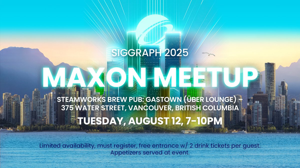 Going to #SIGGRAPH2025 in Vancouver? Join the Maxon Meetup! 🙌 

🫶 Connect, share laughs, and make memories with an amazing community.

📅 August 12
⏰ 7-10PM
📍 Steamworks Brew Pub

Follow the link below to reserve your spot! Limited availability! 👇

🔗 maxonvfx.com/46Hhmuz
