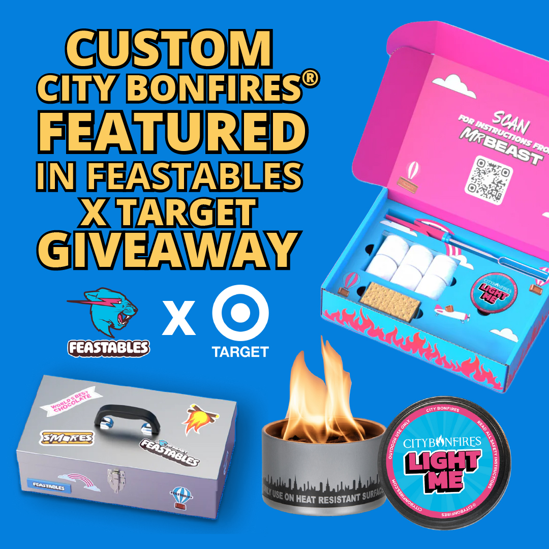 🔥 BIG NEWS 🔥City Bonfires® was proud to once again serve as the Fire of Choice for MrBeast’s Feastables Chocolate S’mores Kits in this summer’s <a href="/Feastables/">Feastables</a>  x  <a href="/Target/">Target</a>  S’mores Giveaway, led by <a href="/MrBeast/">MrBeast</a>  (Jimmy Donaldson).

Our Made-in-the-USA “Light Me” custom fire pits were