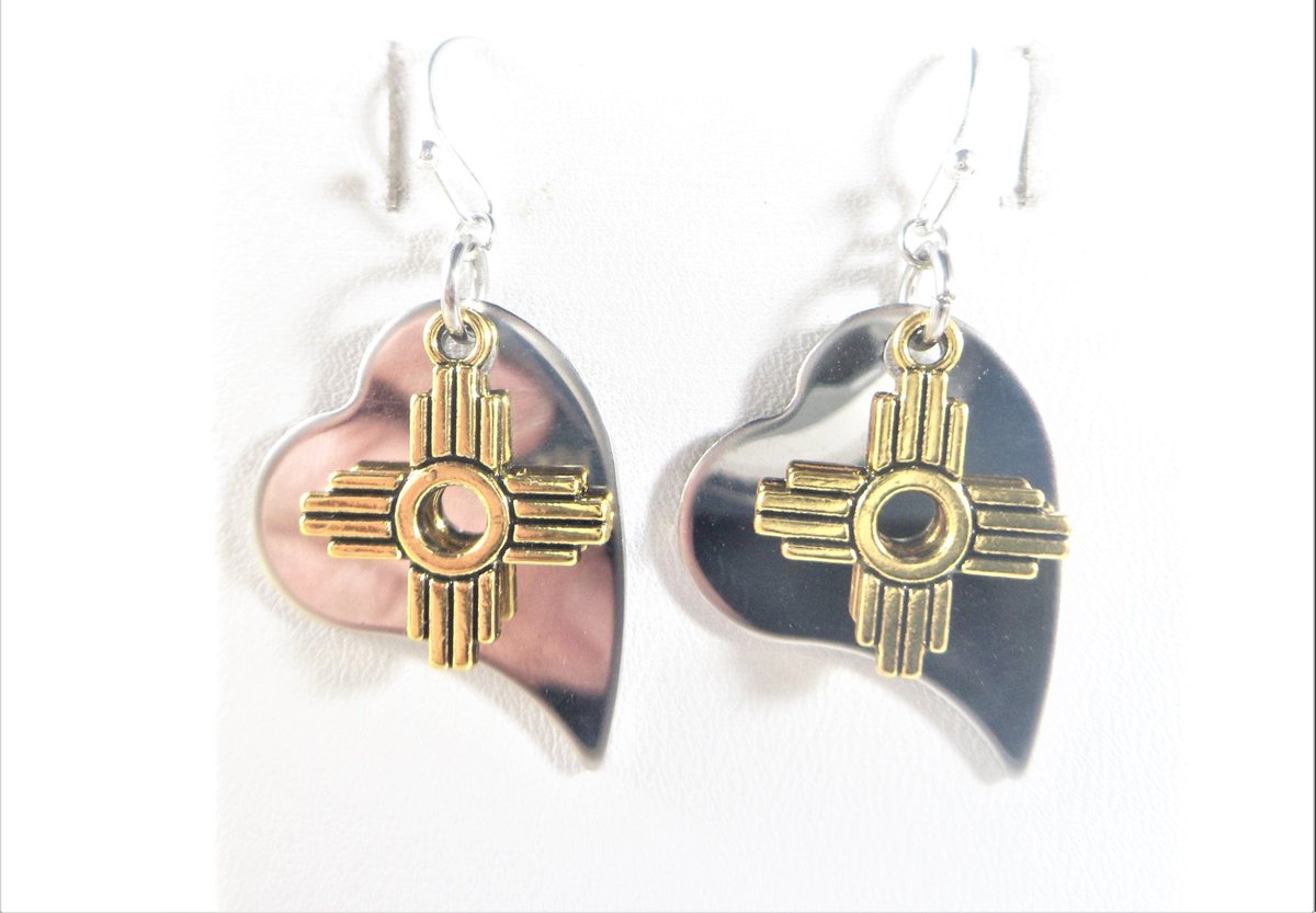 Zia Heart Earrings, Two-Tone Zia Charm Jewelry, New Mexico Lovers Gifts Under 20, Gifts for Woman, Heart Jewelry, Valentine's Day Gifts enchantedroseshop.etsy.com/listing/134942… #NewMexico #SantaFe #EtsyShop #EtsySeller #ZiaHeartEarrings