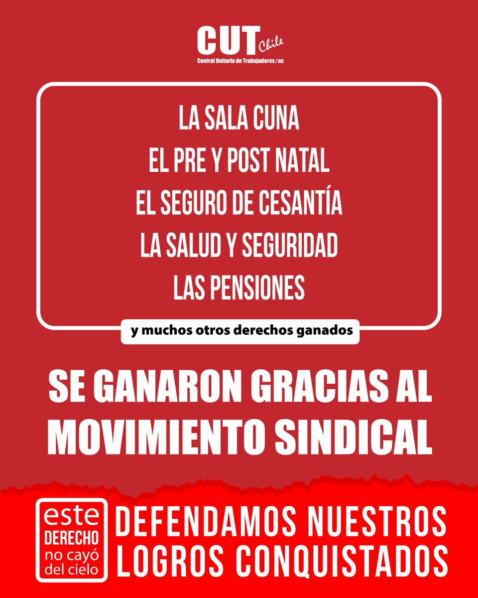 El seguro de cesantía, el fuero maternal, la protección ante accidentes del trabajo y enfermedades laborales y tu pensión para jubilarte.

¿Te imaginas ir a trabajar sin estas garantías que te protegen?

Todos estos derechos se lograron con la lucha del movimiento sindical.

Hoy,