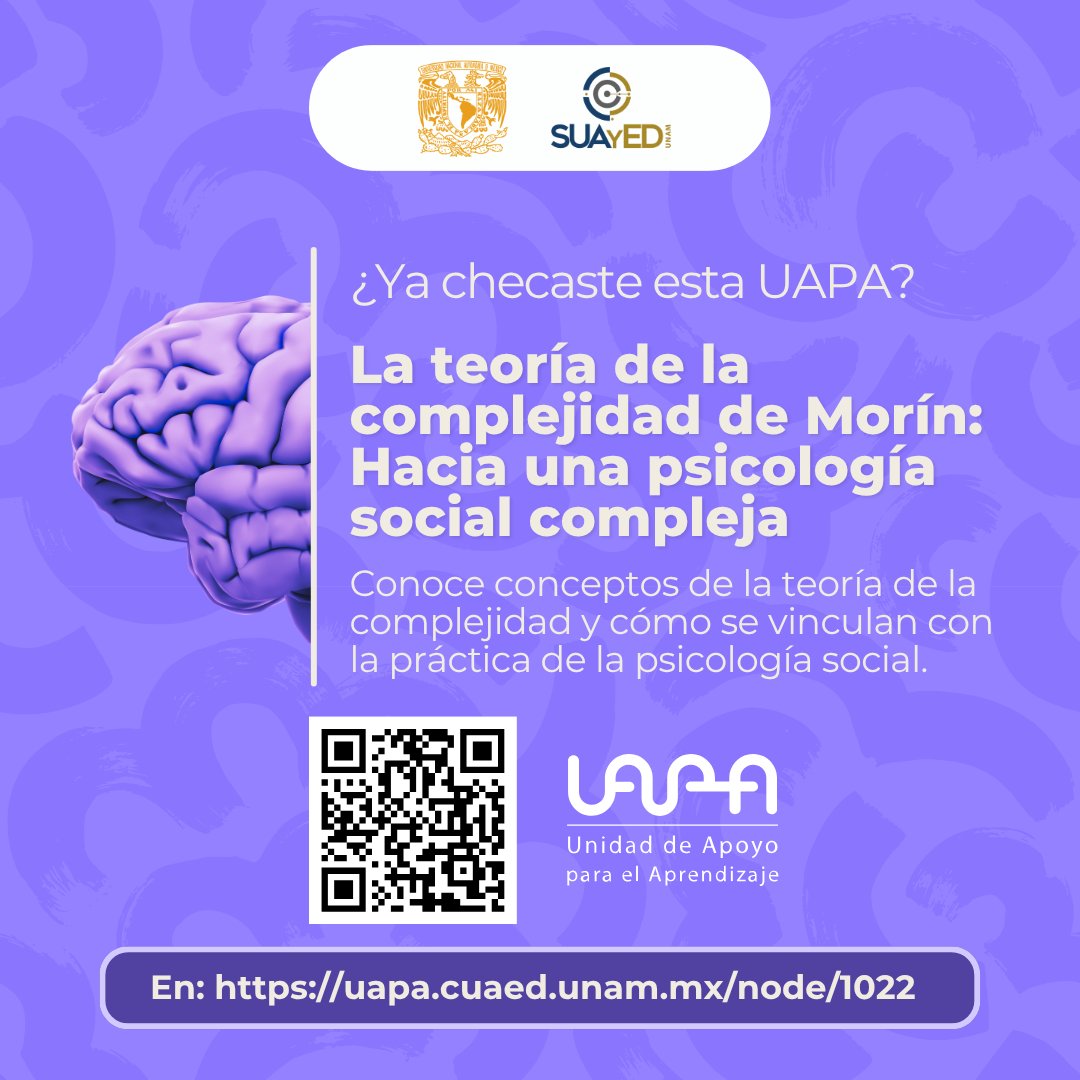 SUAyED (@suayed_unam) on Twitter photo 👀 ¿Estudias Psicología?
Checa esta UAPA: La teoría de la complejidad de Morin 🧠
💻 Explora su vínculo con la práctica del psicólogo social y el diseño de intervenciones.
🔗 uapa.cuaed.unam.mx/node/1022
#SUAyED #UNAM #CómoNoTeVoyAQuerer 👀 ¿Estudias Psicología?
Checa esta UAPA: La teoría de la complejidad de Morin 🧠
💻 Explora su vínculo con la práctica del psicólogo social y el diseño de intervenciones.
🔗 uapa.cuaed.unam.mx/node/1022
#SUAyED #UNAM #CómoNoTeVoyAQuerer