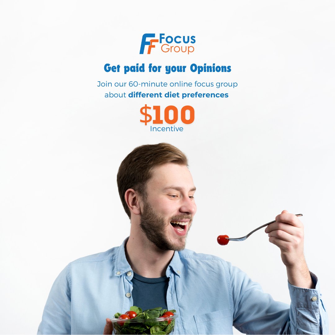 FF_FocusGroup's tweet image. Looking for people between the ages of 20-45 with different diet preferences to join our 60-minute online focus groups. #Earn $100 for your time. Click here to see if you qualify: panelfox.io/s/51b5babd-721… #PaidStudy #FocusGroup #Eating