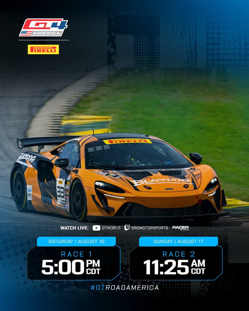 GT4America's tweet image. 🟢🟢🟢
Race 2️⃣

🔴 youtube.com/gtworld
🟣 twitch.tv/sromotorsports
⏱️ gt4-america.com/watch-live

#GTRoadAmerica #GT4America