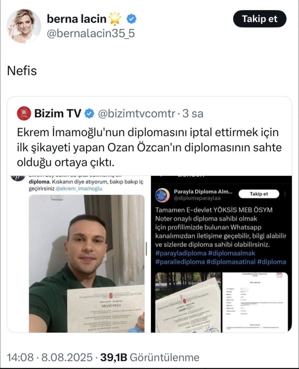 Bu dehşet verici bir ahlaksızlık seviyesi değil mi? 54 yaşındaki Berna Laçin, torunu yaşındaki bir gence sırf CHP'li olmadığı için sahte diploma iftirası atıyor. İftirayı yaymak için birileri sahte görsel hazırlamış, bilgileri değiştirmiş ve Berna Laçin gibi X hesaplarına servis