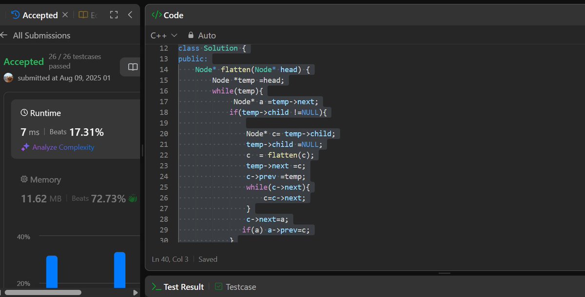 manishh696's tweet image. LeetCode 430: Flatten a Multilevel Doubly Linked List
Me: “How bad can it be?”
The list: has a child… who has a child… who has a child… 😵💫
Me after flattening it all:
🧙♂️ "Be gone, nested chaos!"
#Leetcode #CodingHumor #DSA #100DaysOfCode #CPP