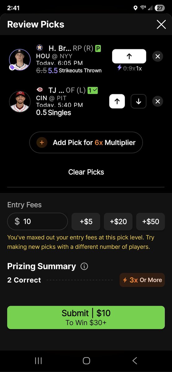 cormick552543's tweet photo. @Pick6 what is maxed out my entry fees? Haven't even picked these players before. https://t.co/SN9vU6yBQj