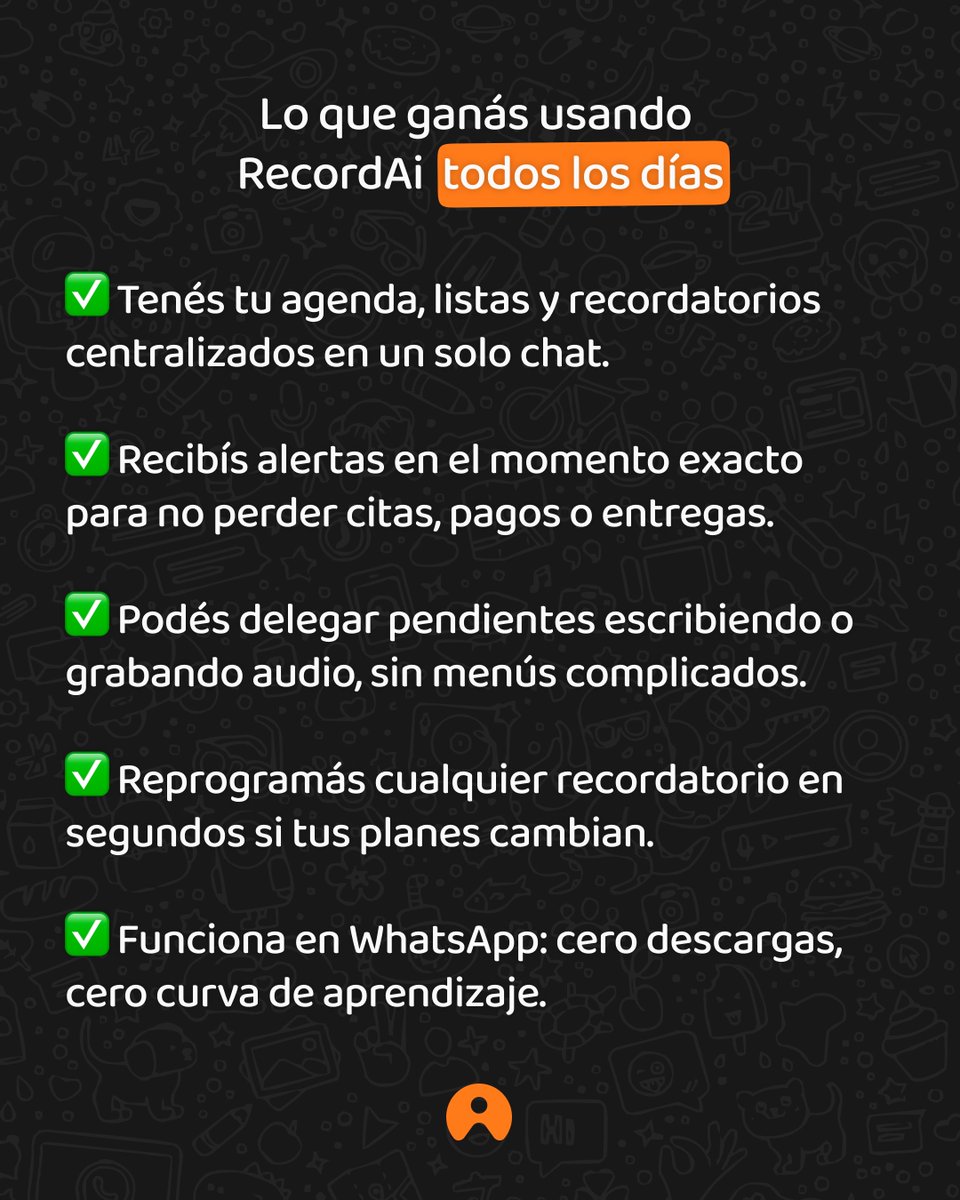RecordAi es tu asistente personal en WhatsApp. 🤩

Organizá, recordá y reprogramá todo sin instalar nada nuevo. Porque tu tiempo vale más cuando no lo perdés ⏳🧡