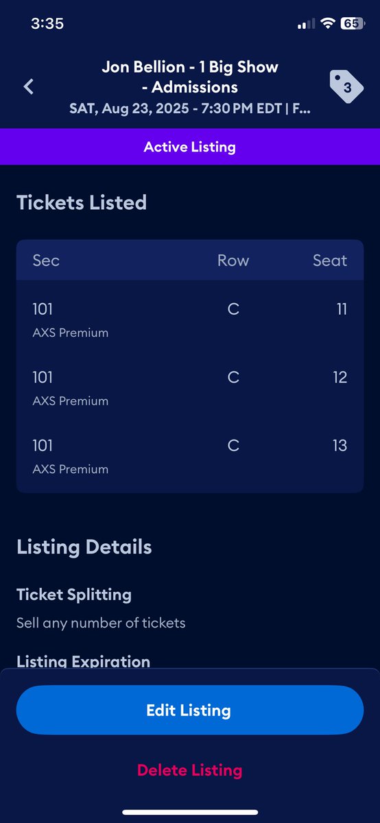 Nickcasa516's tweet photo. @jbellionnation Selling 3 tickets for show on Saturday August 23rd 

Section 101
Row C
Seats 11-13

You dont need to buy all 3 if you dont need all 3 https://t.co/l2uKsXqyry