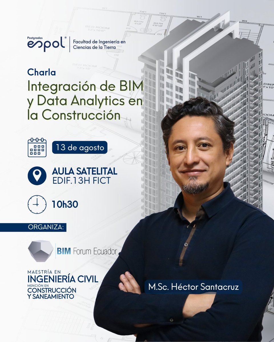 🏗 Te invitamos a la charla técnica sobre #BIM y #DataAnalytics, dictada por el M. Sc. Héctor Santacruz, donde exploraremos cómo las herramientas digitales están transformando el sector de la construcción.
📅13 de agosto, 10h30
📍Aula Satelital #FICT

🔗forms.office.com/r/vkZt4gfj6w