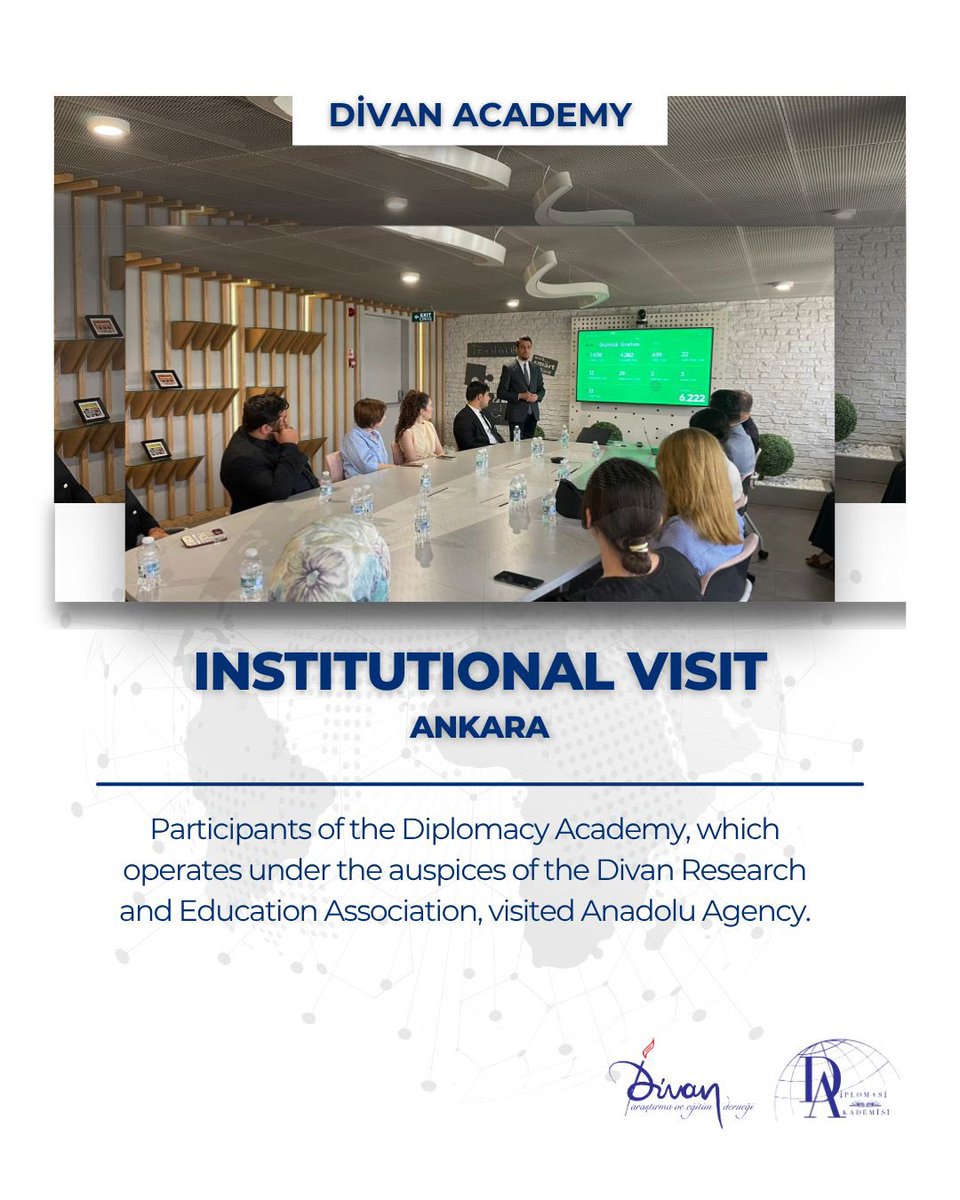 Divan Araştırma ve Eğitim Derneği olarak, ülkemizin en köklü haber kuruluşlarından Anadolu Ajansı’nı ziyaret ettik.

Ziyaretimizde ajansın ulusal ve uluslararası alandaki haber akışı, dijitalleşme süreci ve medya alanındaki vizyonu üzerine değerli bilgiler edindik. 

Bizleri