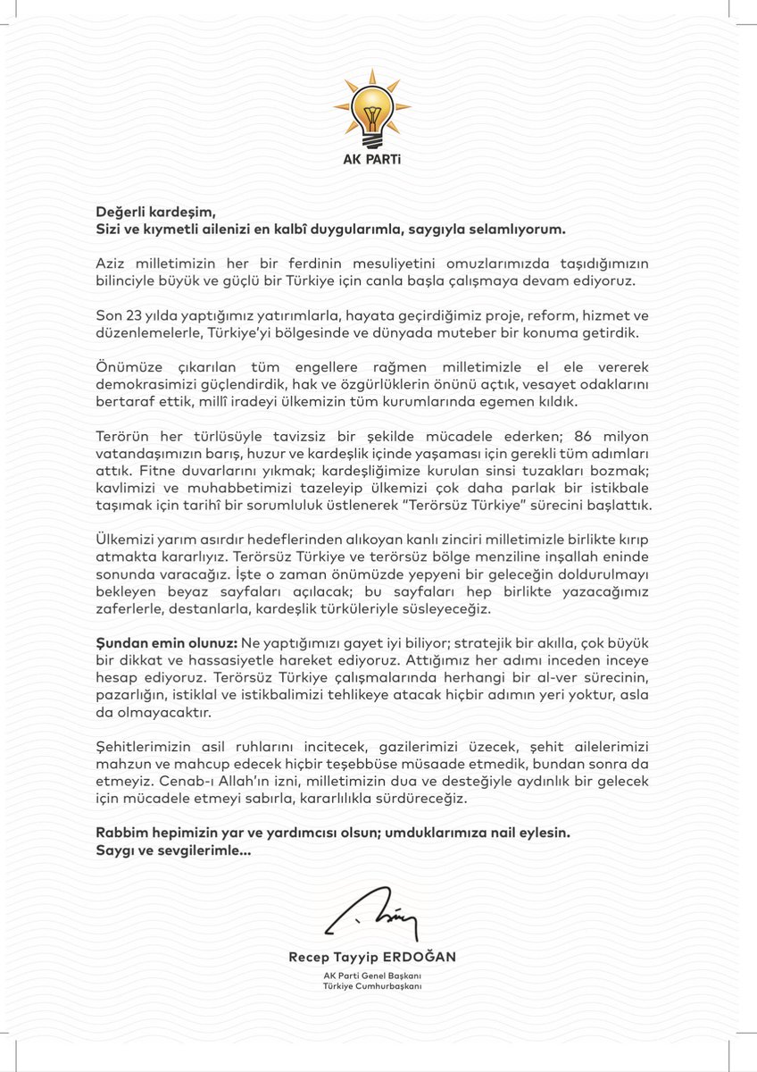 Cumhurbaşkanımız Sn. RECEP TAYYİP ERDOĞAN ’ın “Terörsüz Türkiye’ sürecine ilişkin gönderdiği mektup🇹🇷🇹🇷🇹🇷