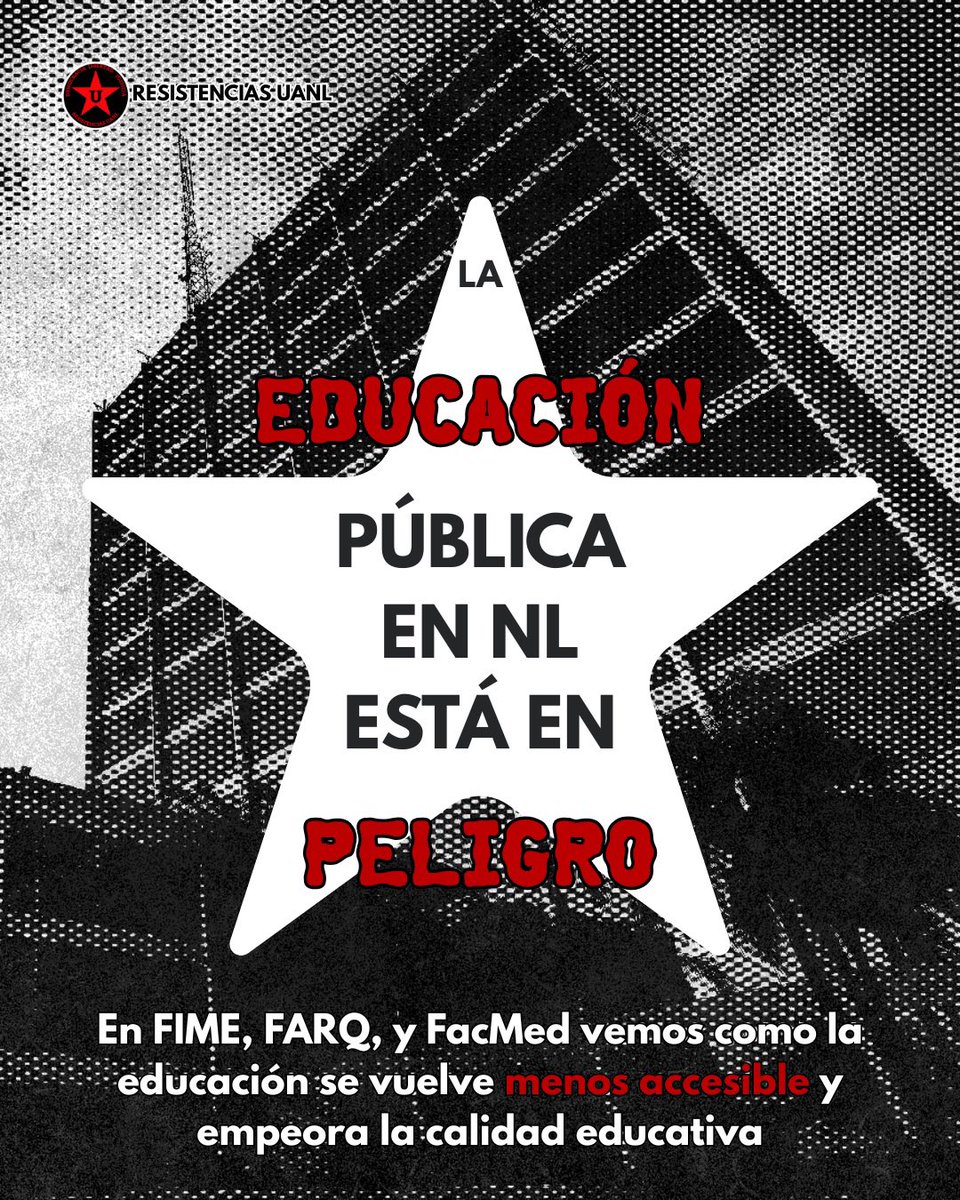ResistenciaUANL's tweet photo. La UANL constantemente comete injusticias que perjudican al estudiante, y no son problemas de una sola facultad sino de toda la universidad❗️
En tu facultad pasó algo recientemente? Cuéntanos y nos organizamos⭐️
#uanl #farq #fime #facmed #estudiantes #universidad #monterrey https://t.co/vaDj6jItL4