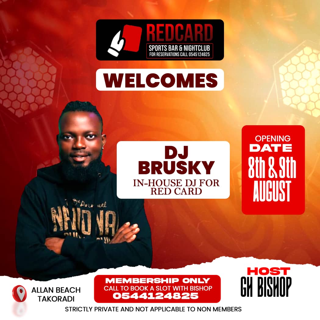 Big vibes loading! 🚨
Red Card Sports Bar &amp; Nightclub officially welcomes DJBRUSKY THE HIGHEST as the in-house DJ! 🔥 🔥 🔥 
Catch the energy Tonight at Allan Beach, Takoradi.  
 No dull moments! 🎧💯 #RedCardNights #DJBrusky #THEHIGHEST #TakoradiVibes