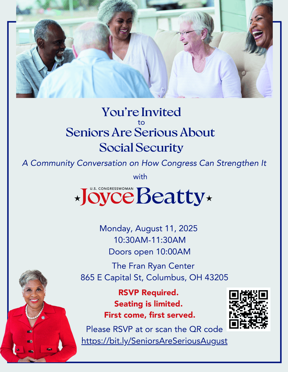 📢 Seniors Are Serious About Social Security!

Join us Mon, Aug 11 | 10:30–11:30 AM (doors 10 AM) at The Fran Ryan Center, 865 E Capital St, Columbus.
✅ RSVP required: bit.ly/SeniorsAreSeri…

Let’s talk solutions to keep Social Security strong. 💬