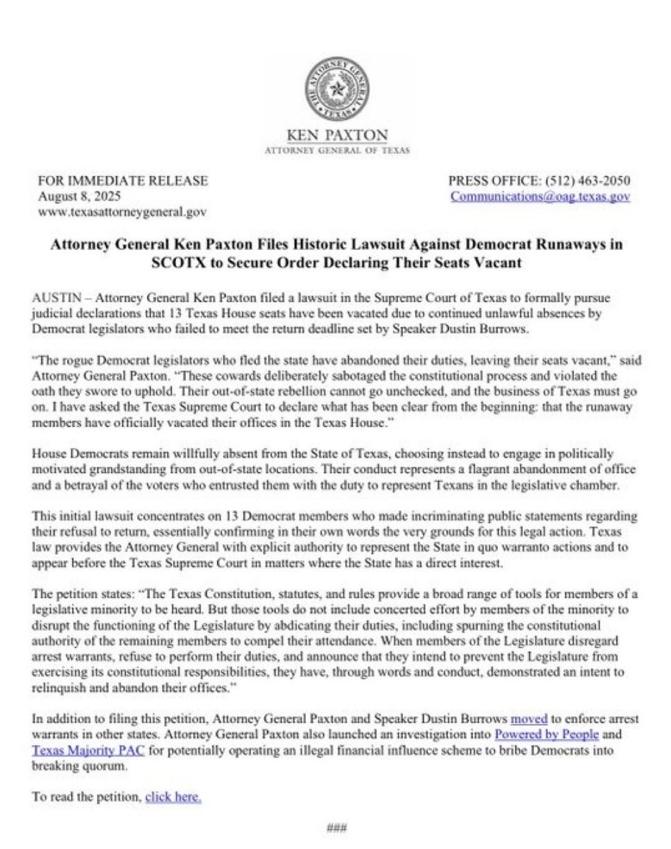 MJTruthUltra (@mjtruthultra) on Twitter photo HOLEE SHIZZLES <a href="/KenPaxtonTX/">Attorney General Ken Paxton</a> DID IT
Texas AG Ken Paxton has just filed moved to file with the Supreme Court to declare 13 Democrat House seats Vacant! HOLEE SHIZZLES <a href="/KenPaxtonTX/">Attorney General Ken Paxton</a> DID IT
Texas AG Ken Paxton has just filed moved to file with the Supreme Court to declare 13 Democrat House seats Vacant!