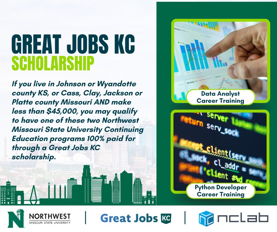 Northwest-KC (@nwmostate_kc) on Twitter photo Wanting to take Northwest's Python Developer or Data Analyst Career Training programs?  You may qualify for a scholarship from Great Jobs KC.  Learn more here: bit.ly/42c3T9Q. Wanting to take Northwest's Python Developer or Data Analyst Career Training programs?  You may qualify for a scholarship from Great Jobs KC.  Learn more here: bit.ly/42c3T9Q.