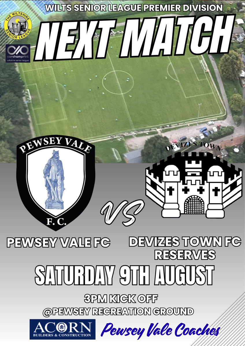 Pewsey Vale FC (@pewseyvalefc) on Twitter photo ⚫⚪Next Game at The Rec⏩
Pewsey Vale FC 🆚 <a href="/DevReservesFC/">Devizes Town Reserves FC</a>
🏟️Pewsey Recreation Ground
⚽3pm KO
☕🍺Clubhouse open from 2:30pm
🚗Limited parking at the club. Players/supporters are advised to park in the CO-OP car park (SN9 5AQ), then a short walk to the club. ⚫⚪Next Game at The Rec⏩
Pewsey Vale FC 🆚 <a href="/DevReservesFC/">Devizes Town Reserves FC</a>
🏟️Pewsey Recreation Ground
⚽3pm KO
☕🍺Clubhouse open from 2:30pm
🚗Limited parking at the club. Players/supporters are advised to park in the CO-OP car park (SN9 5AQ), then a short walk to the club.