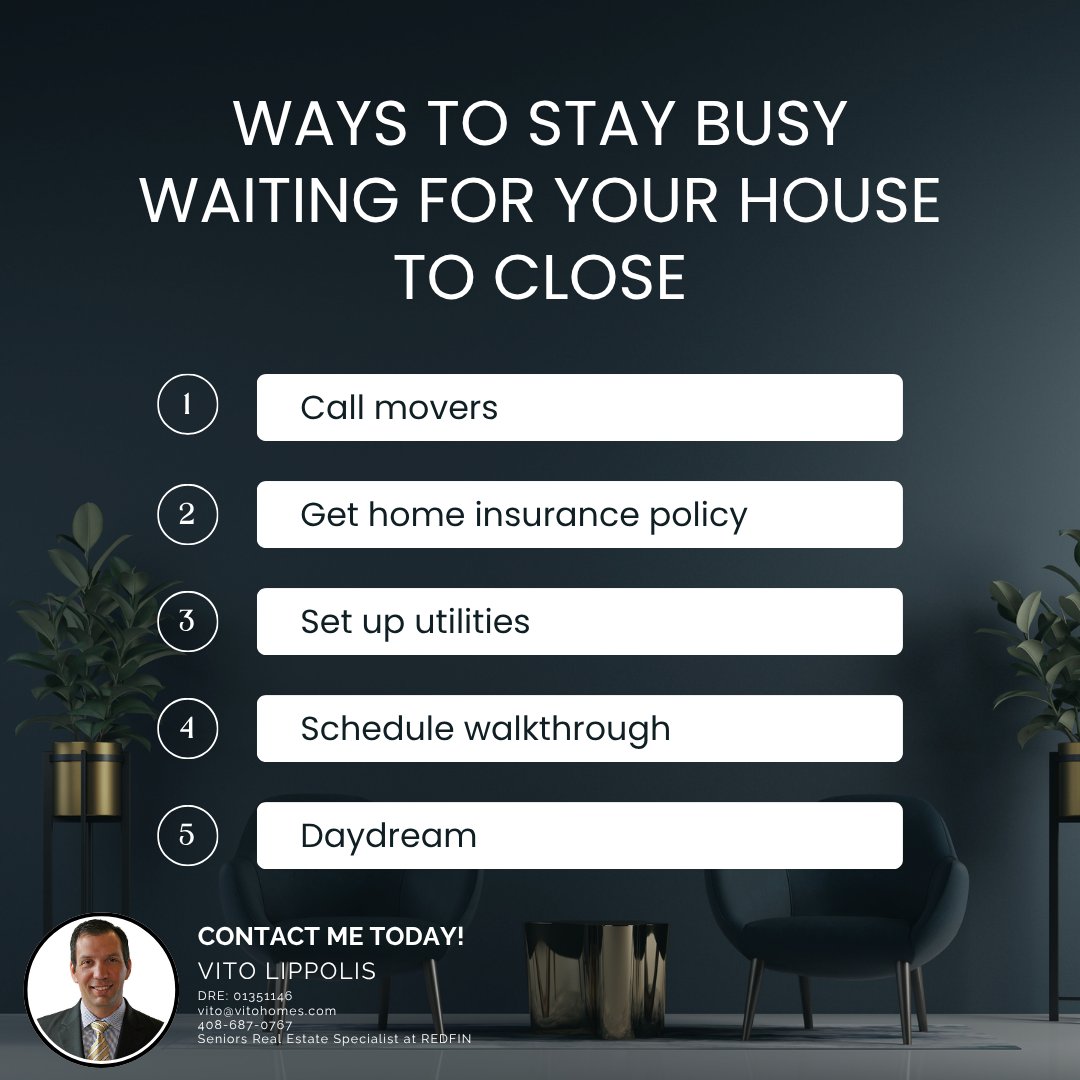 Realtor_101's tweet image. 🏡 Counting down the days until closing?
Here are 5 productive (and fun!) ways to stay busy while you wait.

Need help navigating the final steps?
📞 Contact Vito Lippolis – your trusted Seniors Real Estate Specialist at Redfin!

#HomeClosing #MovingSoon #VitoLippolis #HomeBuyers