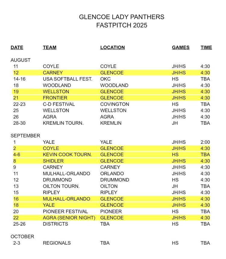 Fall Baseball and Fast Pitch schedules