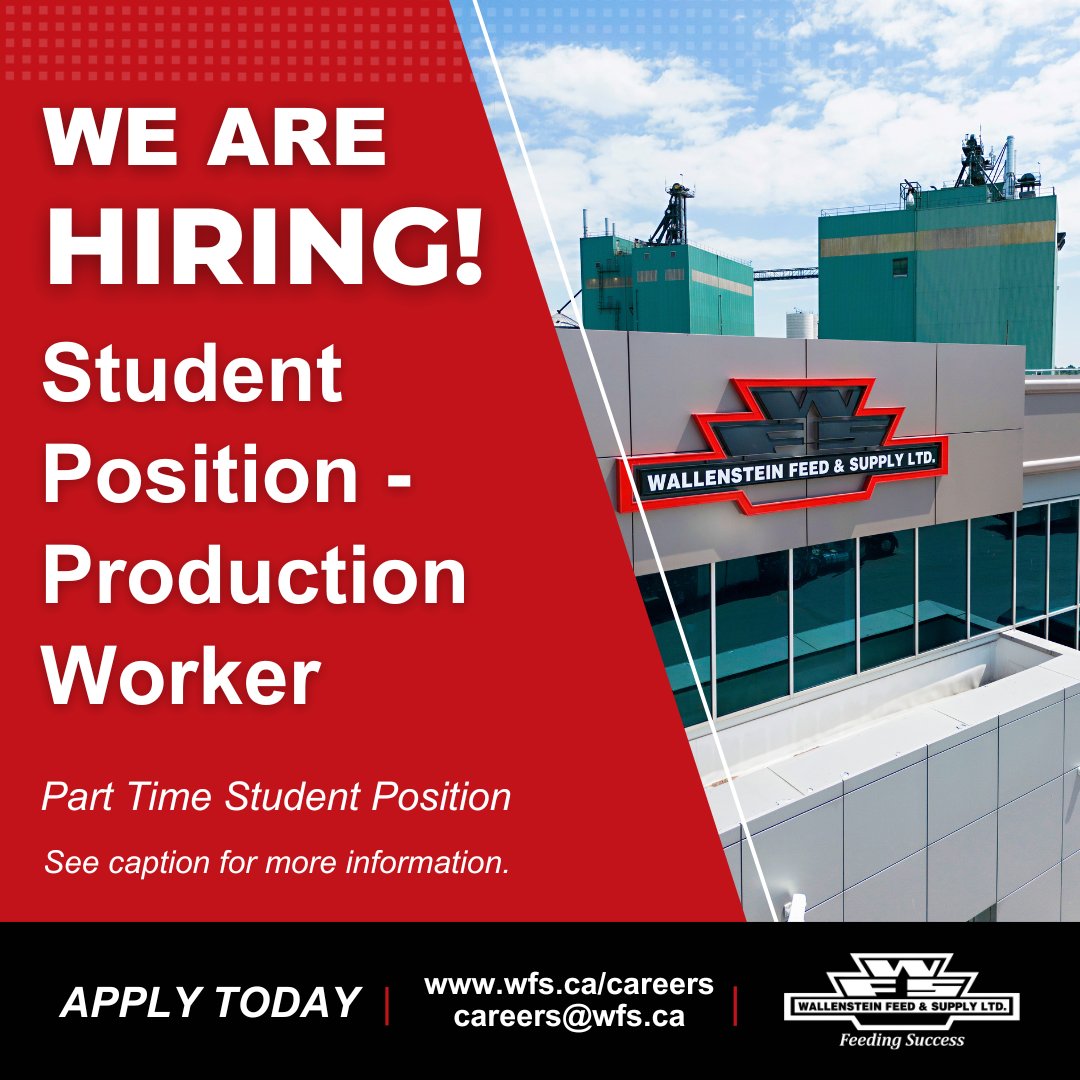 Now Accepting Applications for a Student Position Production Worker!
🚨
Production Worker, Part Time, Student Position
Hours are Monday to Friday after school until 6 pm, and Saturdays 8 am – 12 noon.
To apply please submit your resume to careers@wfs.ca by August 15, 2025.