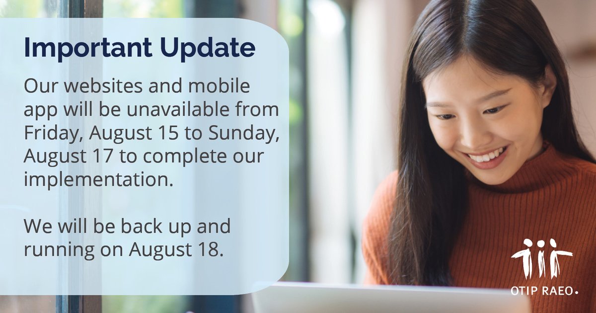 We look forward to launching a new digital experience to serve you better.  
Our websites and mobile app will be unavailable from Friday, August 15 to Sunday, August 17 to complete our implementation. 

We will be back up and running on August 18.  

bit.ly/457Unrq