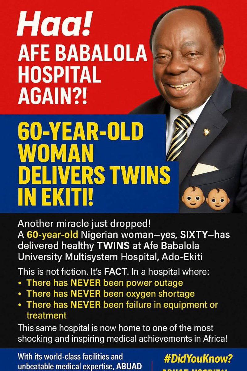 CIA Agent, the Attorney ๐ ุงูู
ุฌูุจ (@ataweweattorney) on Twitter photo Congratulations to <a href="/Abuad_Uni/">Afe Babalola University</a> . Abuad Hospital has recorded several medical successes and still recording it from kidney transplants, IVF procedures to advanced cardiac cures,and etc. Congratulations to <a href="/Abuad_Uni/">Afe Babalola University</a> . Abuad Hospital has recorded several medical successes and still recording it from kidney transplants, IVF procedures to advanced cardiac cures,and etc.