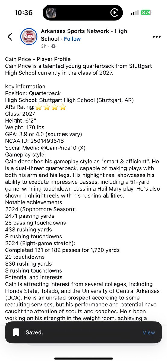 Cain Price 2027 QB tweet media
