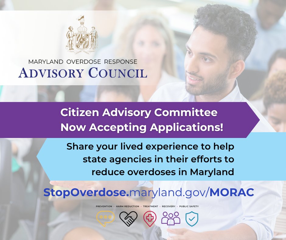 Maryland's Office of Overdose Response (@stopoverdosemd) on Twitter photo The Maryland Overdose Response Advisory Council, chaired by <a href="/LtGovMiller/">Lt. Governor Aruna Miller</a>, is accepting applications for its Citizen Advisory Committee!
The committee will give input to state agencies on their efforts to reduce overdoses in MD. Apply by 10/1!
More info: StopOverdose.maryland.gov/MORAC The Maryland Overdose Response Advisory Council, chaired by <a href="/LtGovMiller/">Lt. Governor Aruna Miller</a>, is accepting applications for its Citizen Advisory Committee!
The committee will give input to state agencies on their efforts to reduce overdoses in MD. Apply by 10/1!
More info: StopOverdose.maryland.gov/MORAC