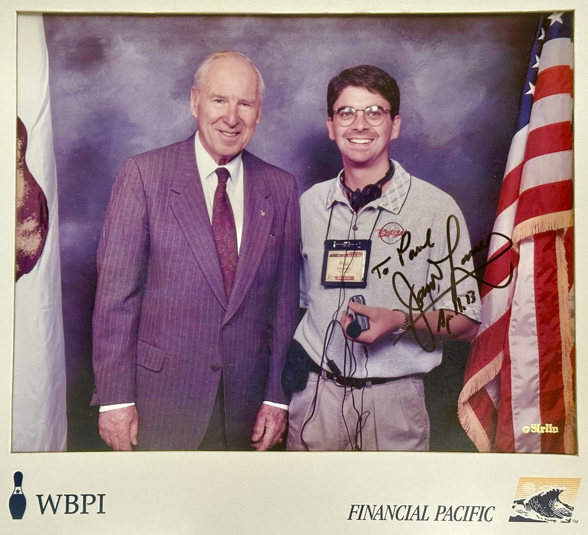 plexander's tweet image. I met Jim Lovell back around 1998.  We stood together for a photo.  It was several years later that the people at Financial Pacific who took our photo found me at a convention and said they have my signed photo, framed and all.  Nice!  It’s been on my office wall ever since.