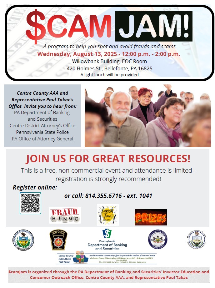 Don't miss SCAM JAM next week!
🗓️Wednesday, 8/13 
⏰ 12 pm (noon) to 2 pm
📍Willowbank Building, EOC Room--420 Holmes Street, Bellefonte, PA