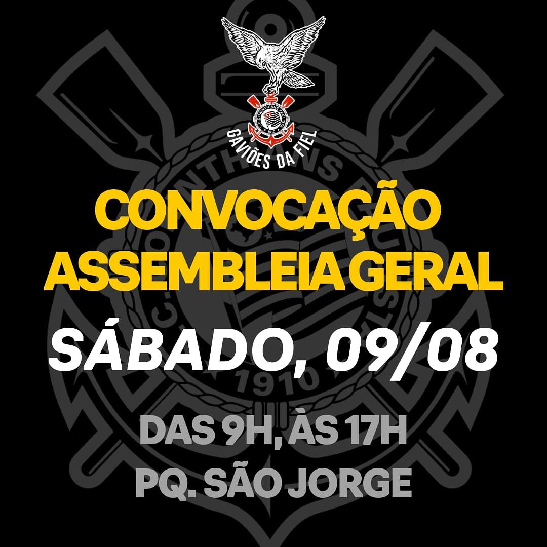 Gaviões da Fiel convoca torcedores do Corinthians para a frente do Parque São Jorge durante a assembleia de sócios para votar o impeachment do presidente afastado Augusto Melo que acontecerá amanhã:

"CONVOCAÇÃO GERAL

Salve, família!

Neste sábado (9) das 9h às 17h, será