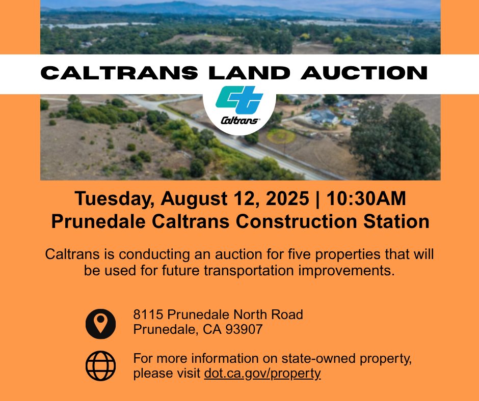 Caltrans District 5 (@caltransd5) on Twitter photo Caltrans Land Auction – Monterey County
-Tuesday, Aug. 12 | 10:30AM
-Prunedale Caltrans Construction Station, 8115 Prunedale North Road, Prunedale, CA 93907
<a href="/CaltransD5/">Caltrans District 5</a> will auction five state-owned properties in Monterey County.
🔗For more info: dot.ca.gov/programs/right… Caltrans Land Auction – Monterey County
-Tuesday, Aug. 12 | 10:30AM
-Prunedale Caltrans Construction Station, 8115 Prunedale North Road, Prunedale, CA 93907
<a href="/CaltransD5/">Caltrans District 5</a> will auction five state-owned properties in Monterey County.
🔗For more info: dot.ca.gov/programs/right…