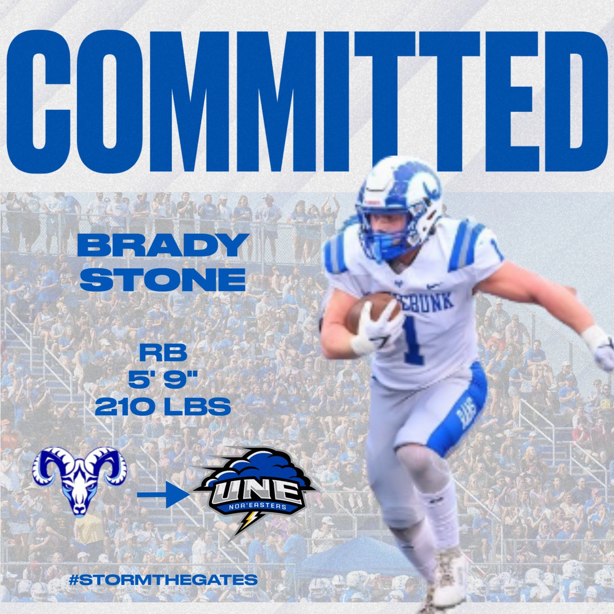 University of New England Football (@unefootball) on Twitter photo Staying on the Offensive sided and coming from just down the road in Kennebunk, we are excited to welcome Running Back Brady Stone to the family! <a href="/bradystone25/">Brady Stone</a> #STG Staying on the Offensive sided and coming from just down the road in Kennebunk, we are excited to welcome Running Back Brady Stone to the family! <a href="/bradystone25/">Brady Stone</a> #STG