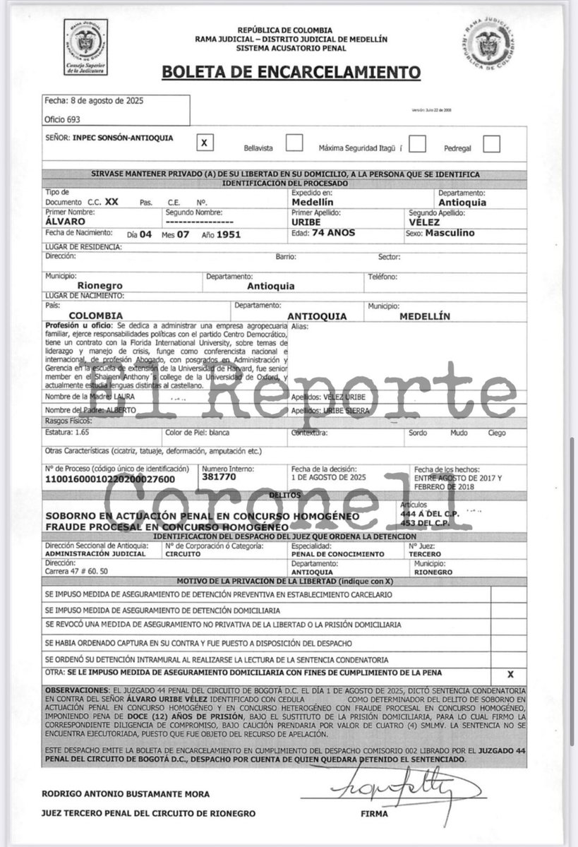 381770: este es el número de reseña del conde-nado Álvaro Uribe Vélez.