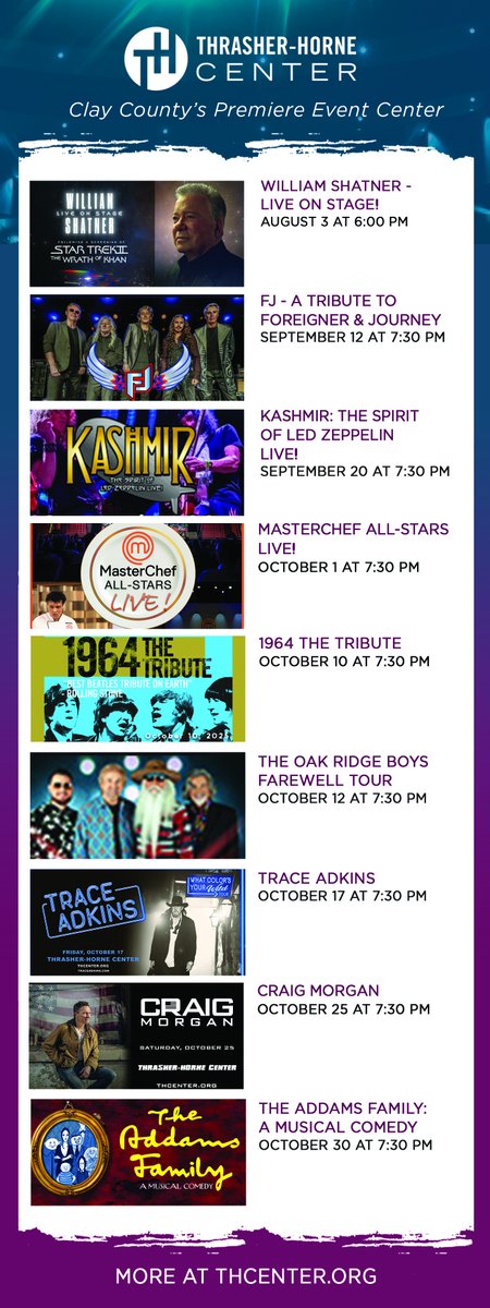 🎭 Big names. Iconic tributes. Unforgettable nights.

From William Shatner to Trace Adkins, MasterChef Live to The Addams Family musical—Thrasher-Horne Center is bringing the heat this fall.

🎟️ Get your tickets before they’re gone: thcenter.org