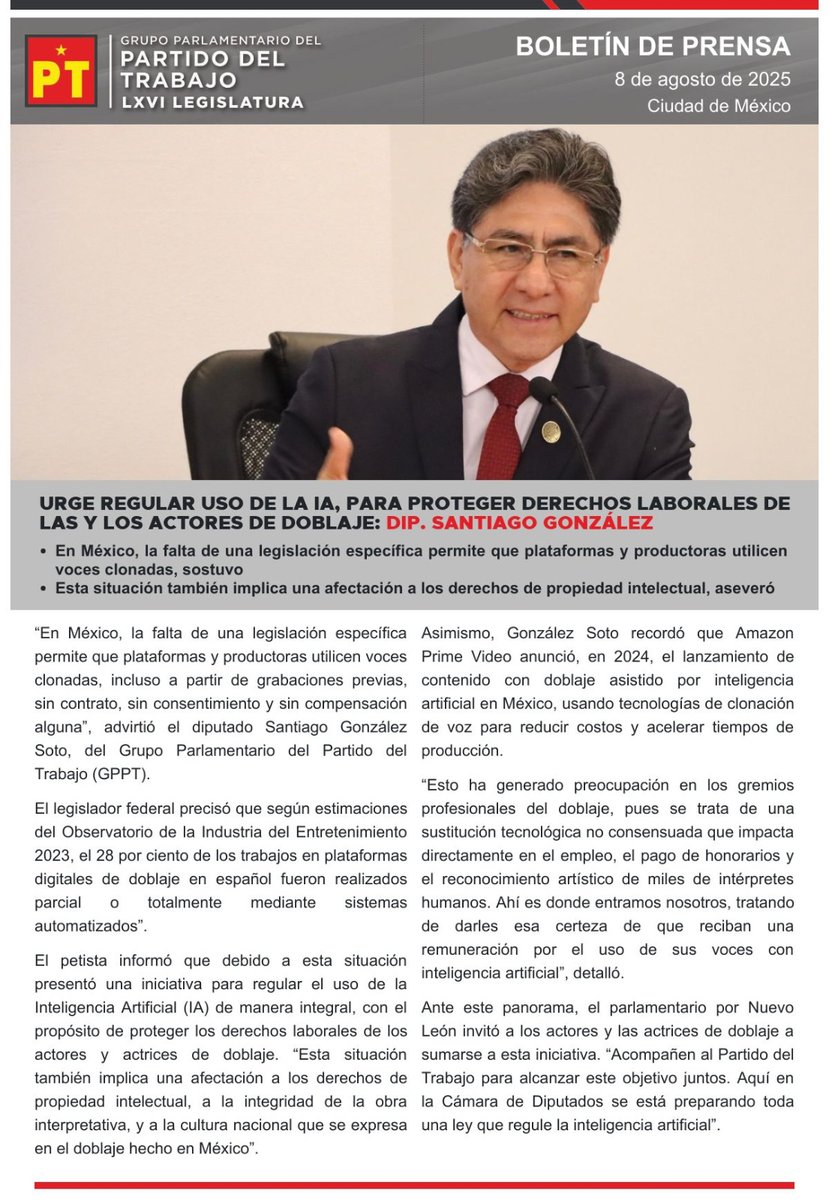 Diputadas y Diputados Petistas (@diputadosptmx) on Twitter photo 📰 #Boletín || Urge regular uso de la IA, para proteger derechos laborales de las y los actores de doblaje: Dip. <a href="/SaaantiagoGzzs/">SaaantiagoGzzs</a> 👇 📰 #Boletín || Urge regular uso de la IA, para proteger derechos laborales de las y los actores de doblaje: Dip. <a href="/SaaantiagoGzzs/">SaaantiagoGzzs</a> 👇