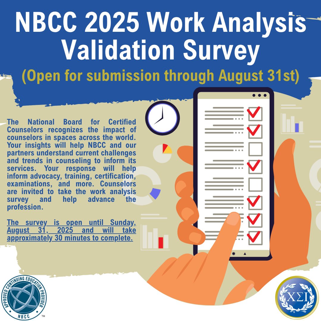 CSI members are invited to contribute to the NBCC 2025 Work Analysis Validation Survey, now through August 31, 2025. 

survey.nbcc.org