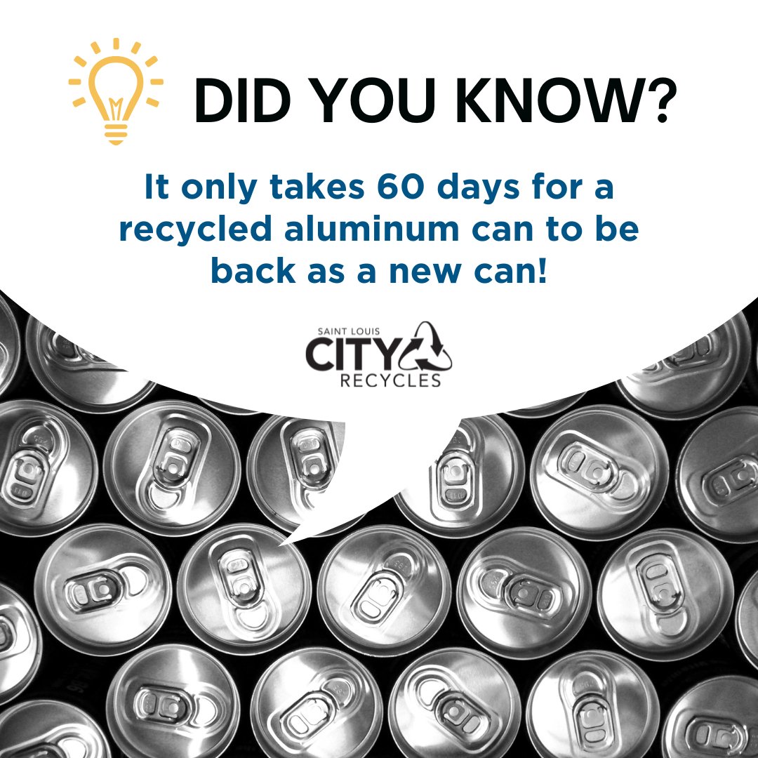 Did you know recycled aluminum cans can be back on grocery store shelves in just 60 days?!

Always recycle your aluminum cans! They're infinitely recyclable, which means they don't have to ever end up in a landfill. Every can counts!

#FastFactFriday #Aluminum #STLCityRecycles