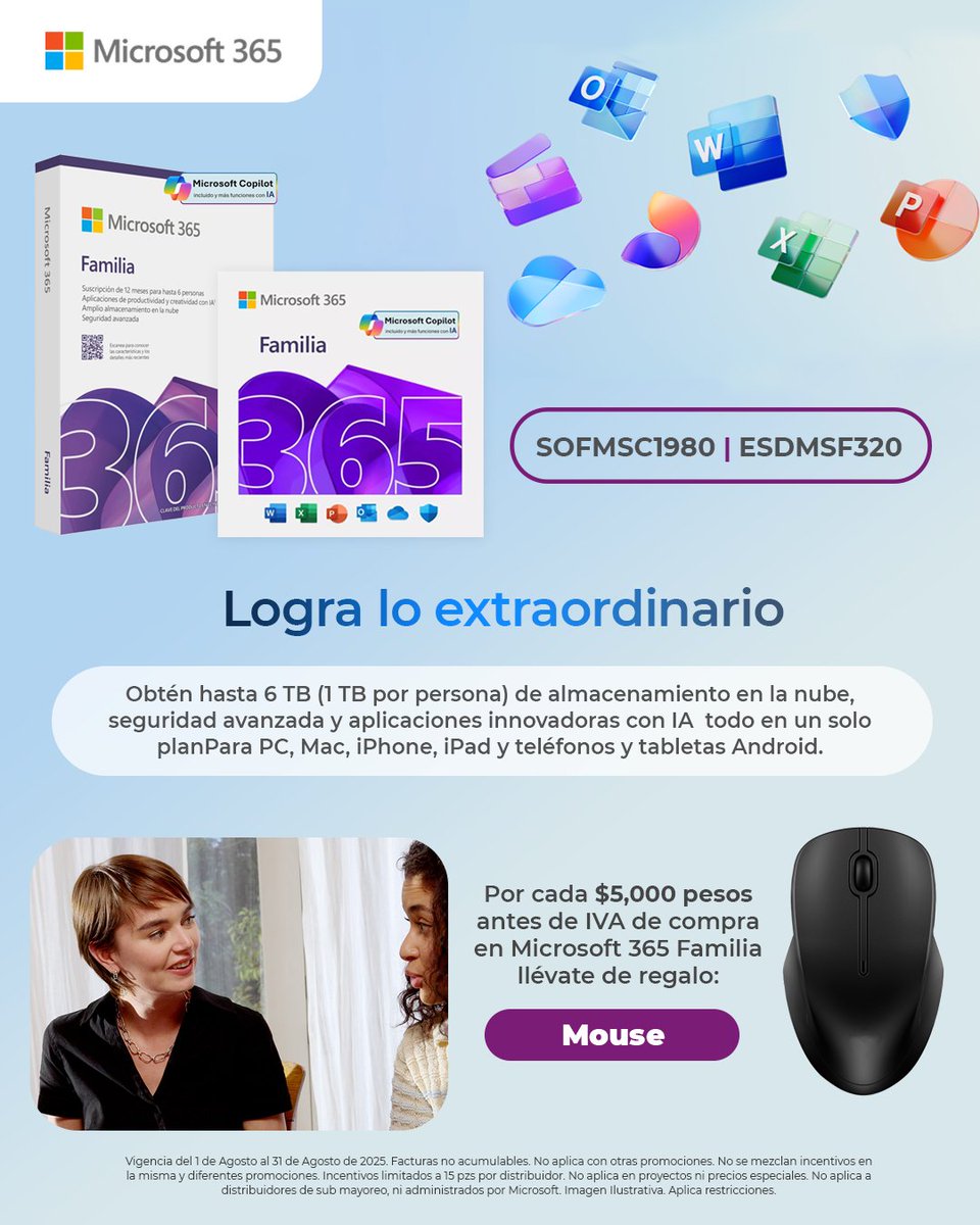 Lo extraordinario se vuelve aún más extraordinario 🤩 con #Microsoft365 Familia
Obtén todas las aplicaciones que ya conoces mas las innovadoras herramientas de IA 🧠 en un plan con beneficios increíbles.

Da clic y conoce más ⬇️:
🌐ctonline.mx/buscar/product…