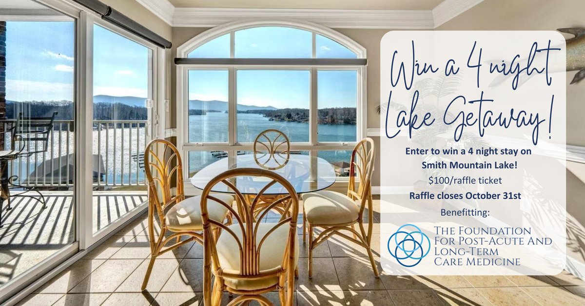 PALTmed | Post-Acute & Long-Term Care Medical Assn (@paltmed) on Twitter photo Exciting chance from <a href="/PALTCFoundation/">The Foundation for PALTC Medicine</a> --> 🌊 Support the Foundation — Win a Lake Getaway! 🌄
Your $100 raffle ticket supports the Foundation for Post-Acute and Long-Term Care Medicine - and enters you to win a 5-day / 4-night stay at a luxury penthouse on Smith Mountain Lake Exciting chance from <a href="/PALTCFoundation/">The Foundation for PALTC Medicine</a> --> 🌊 Support the Foundation — Win a Lake Getaway! 🌄
Your $100 raffle ticket supports the Foundation for Post-Acute and Long-Term Care Medicine - and enters you to win a 5-day / 4-night stay at a luxury penthouse on Smith Mountain Lake